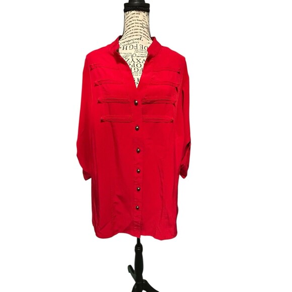 Women's Kathy Che 18/20 Red rollup tab sleeves Y2K Whimsical Officecore Travel - Picture 1 of 9